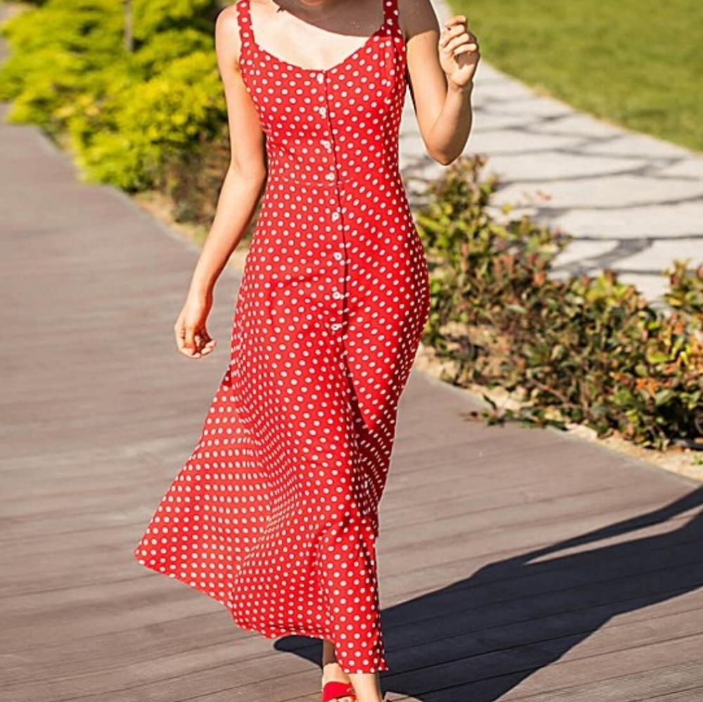 Milan Kiss Red & White Polka Dot Sleeveless Button-Up Maxi Dress